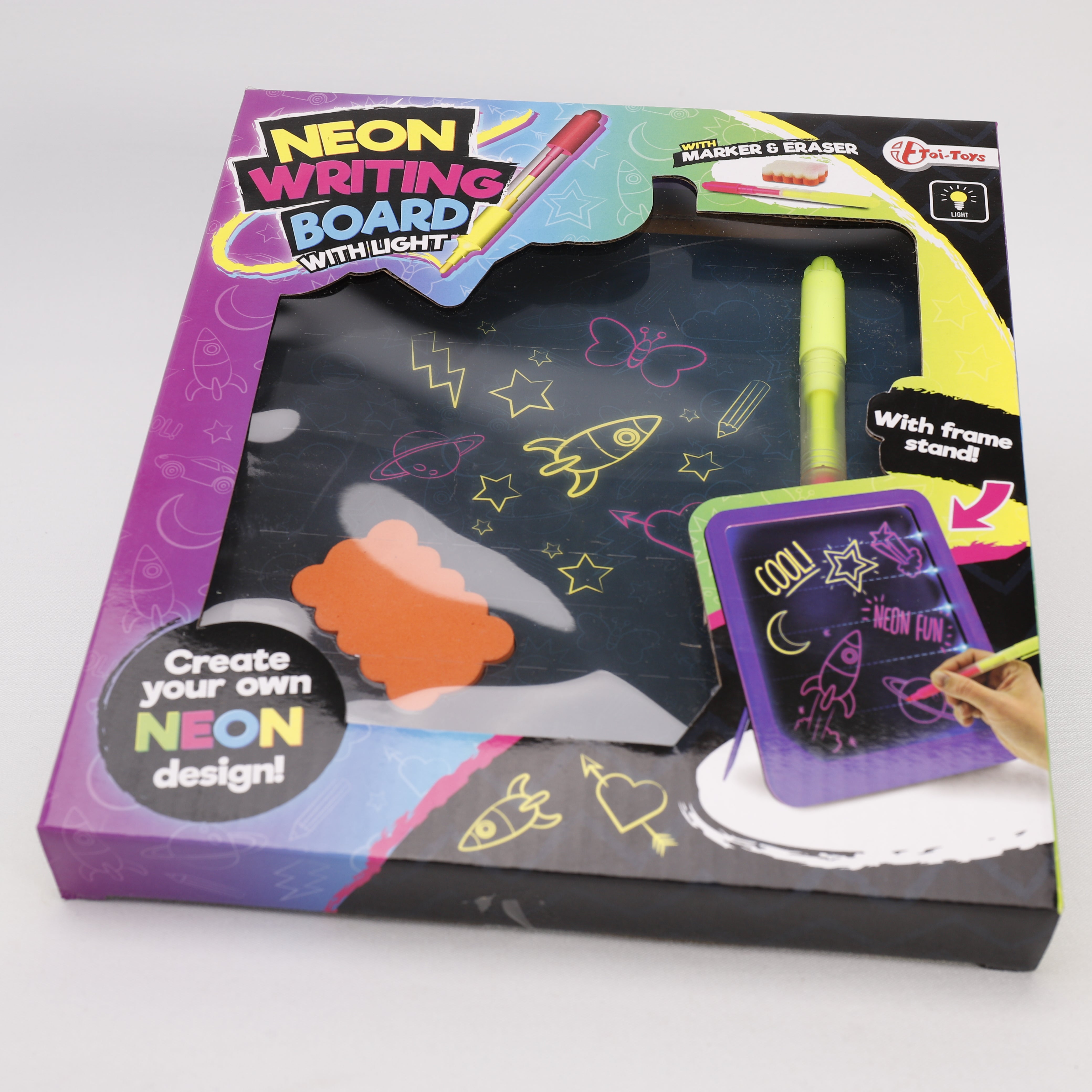 Neon Glow Schreibtafel mit Marker & Schwamm 21 x 26 cm, Ab 3 Jahren, Toi-Toys.