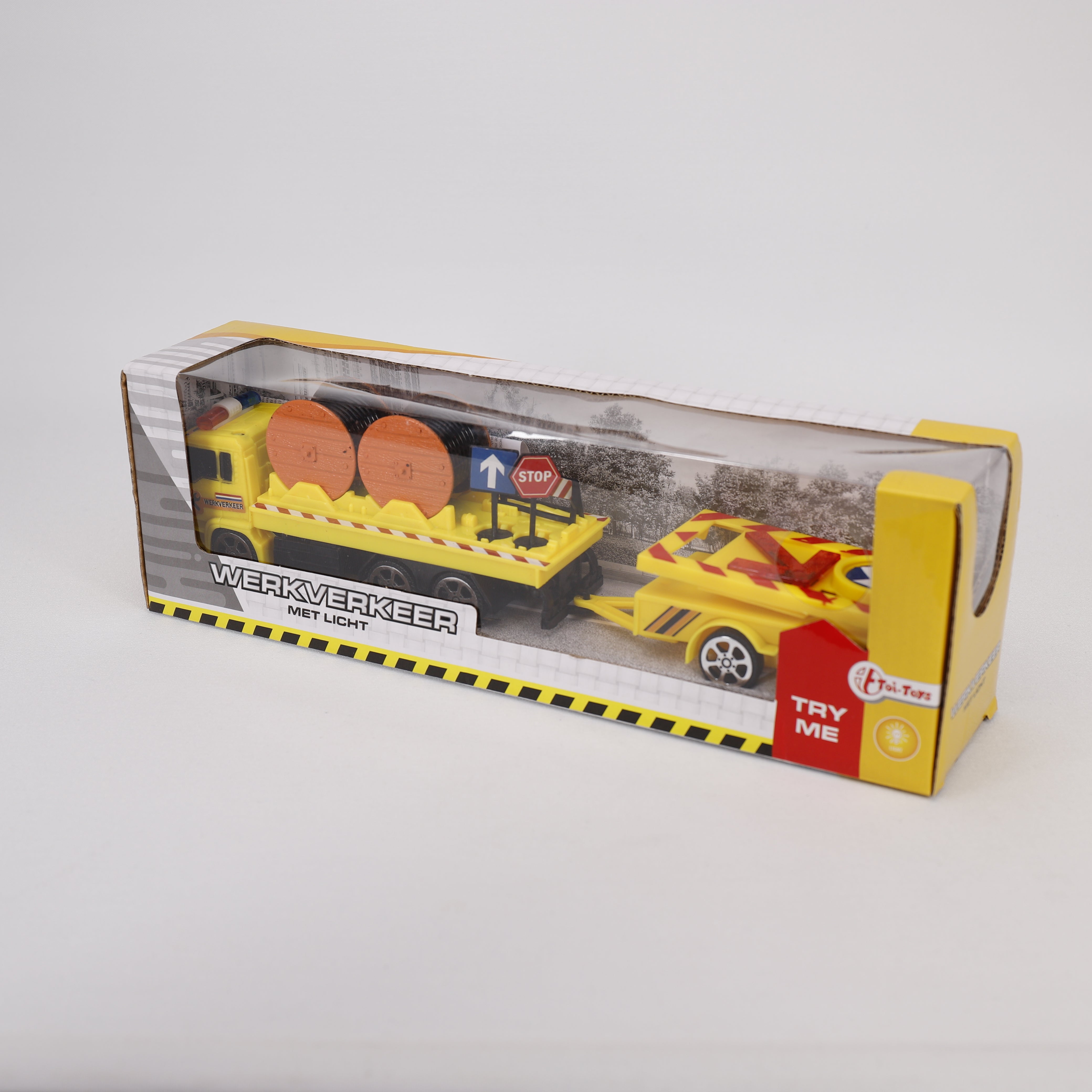 Lastwagen mit blinkendem Pfeil (Licht) 10x32cm, Baustellenfahrzeug LKW, Toi-Toys