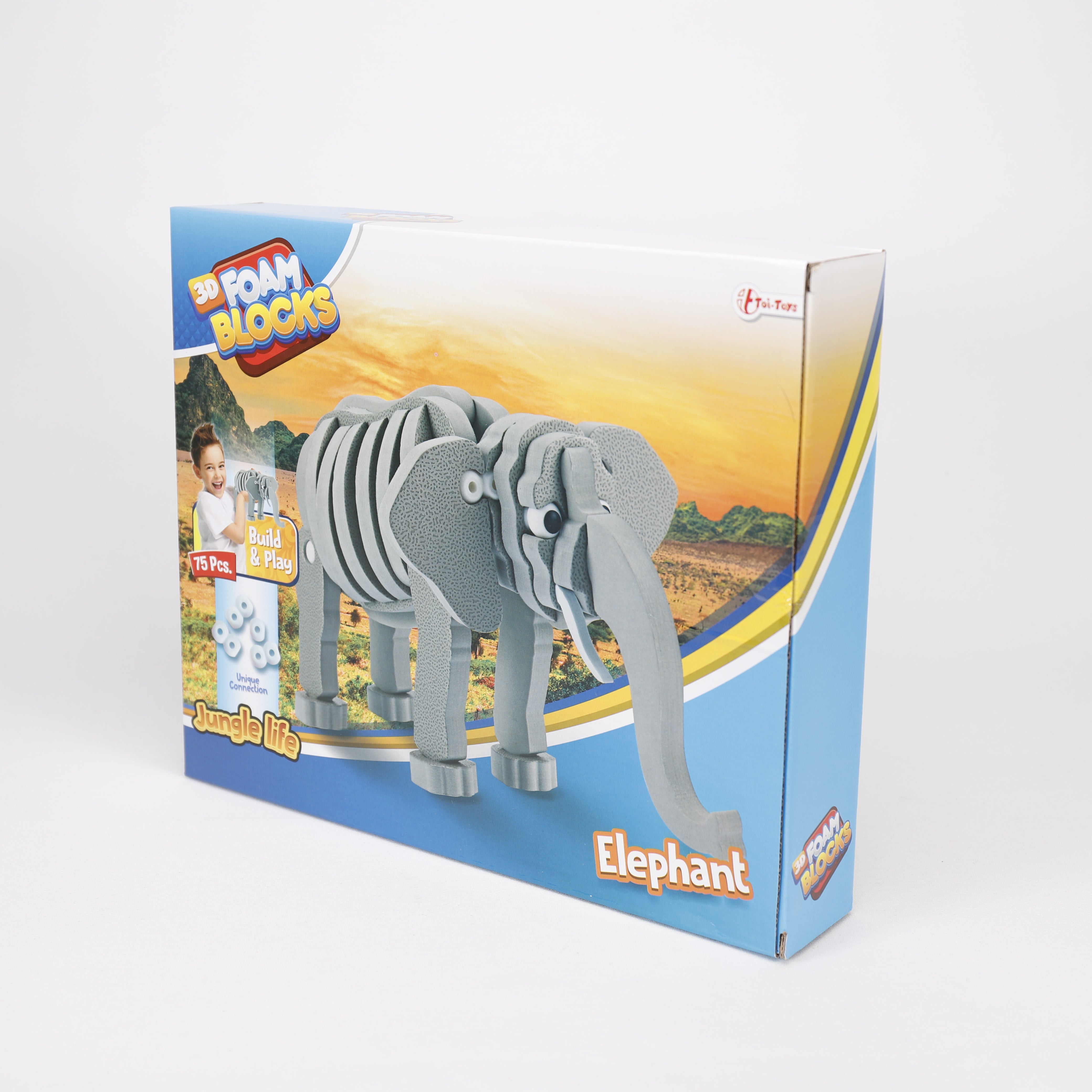 3D Foam Blocks, Puzzle Elefant 31cm, Schaumstoff Grau 75-teilig, ab 4J, Toi-Toys