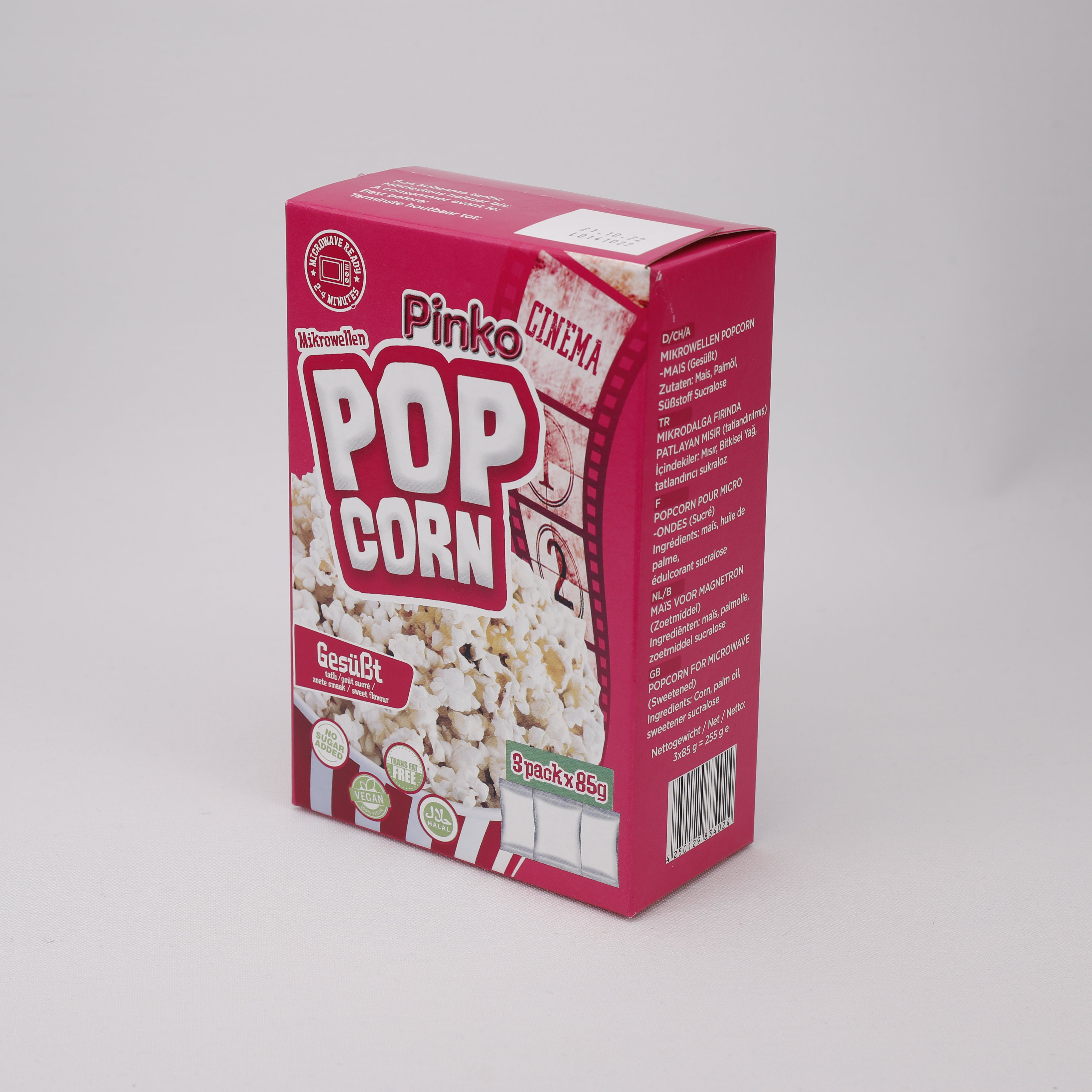 Pinko Mikrowellen Popcorn, Gesüßt 3 Pack 85g, Vegan Snacks, Halal, 2-4 Minuten